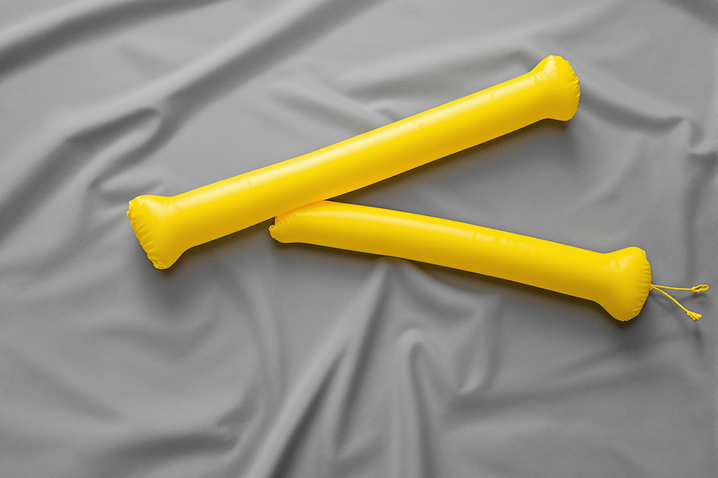 Bâtons gonflables jaunes en flat lay sur tissu gris.