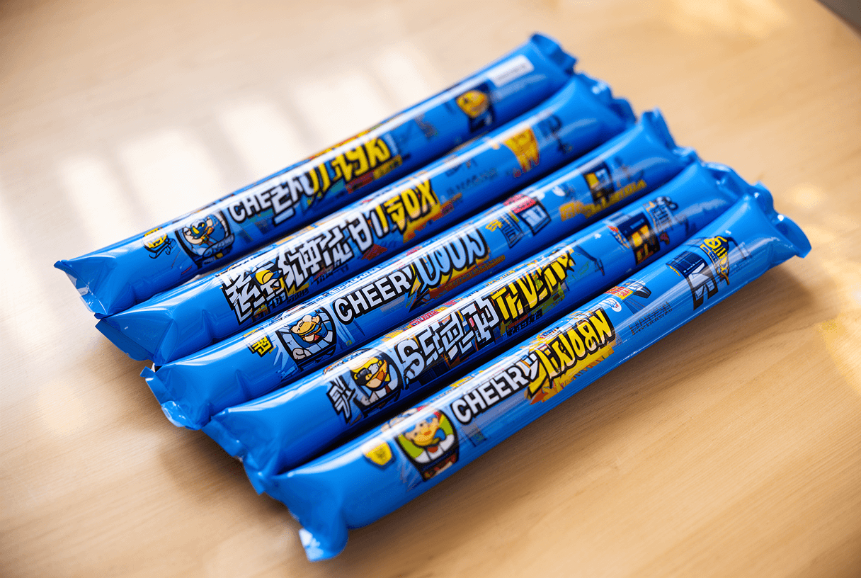 Bâtons gonflables bleus sur table en bois clair.